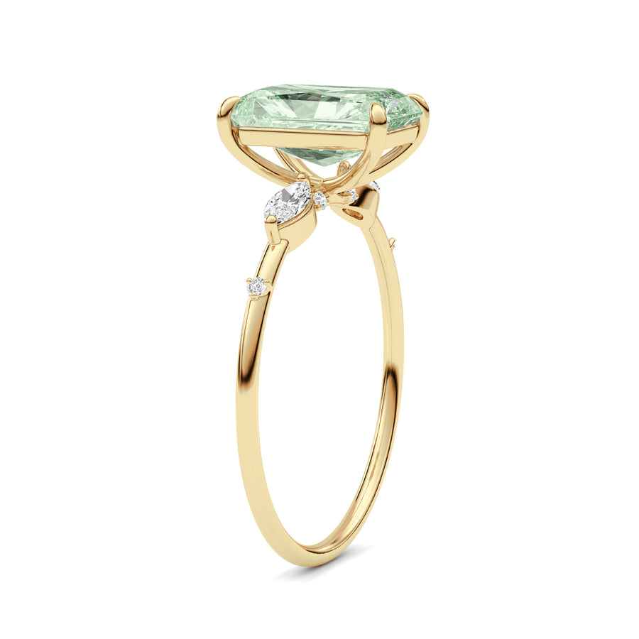 Yellow gold Fancy Green Radiant Cut Diamond Marquise Side Stone Engagement Ring