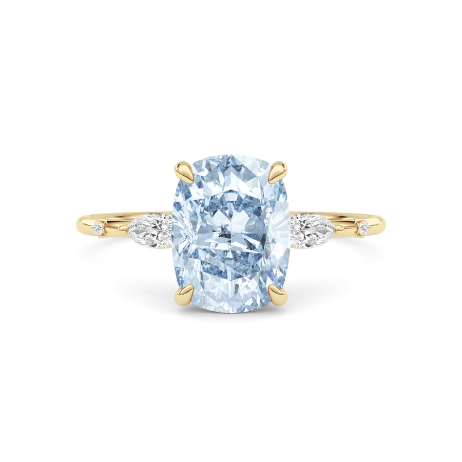 Yellow gold Fancy Blue Cushion Cut Diamond Marquise Side Stone Engagement Ring