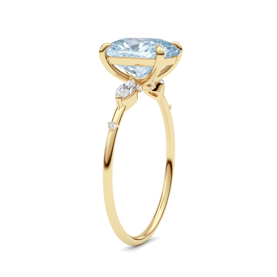 Yellow gold Fancy Blue Cushion Cut Diamond Marquise Side Stone Engagement Ring
