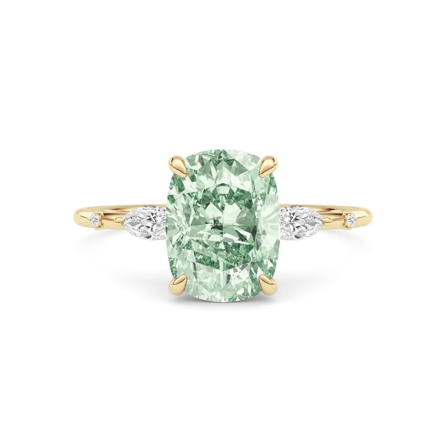 Yellow gold Fancy Green Cushion Cut Diamond Marquise Side Stone Engagement Ring
