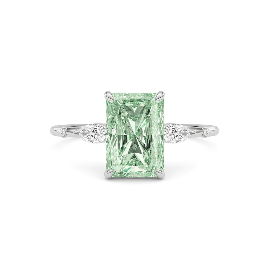 White gold Fancy Green Radiant Cut Diamond Marquise Side Stone Engagement Ring