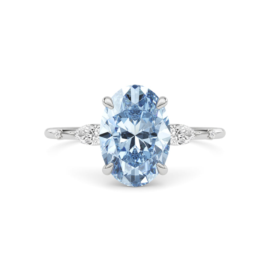 White gold Fancy Blue Oval Cut Diamond Marquise Side Stone Engagement Ring