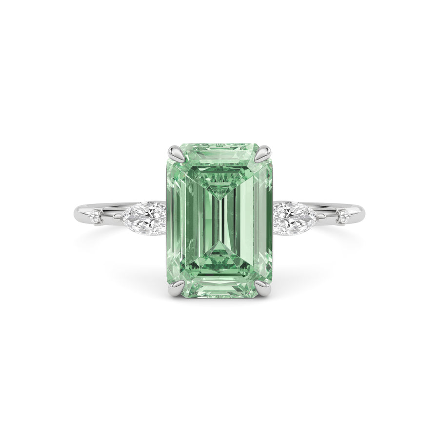White gold Fancy Green Emerald Cut Diamond Marquise Side Stone Engagement Ring