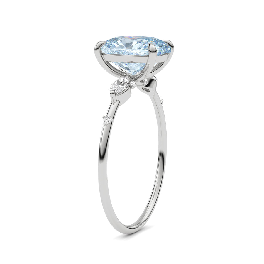 White gold Fancy Blue Cushion Cut Diamond Marquise Side Stone Engagement Ring