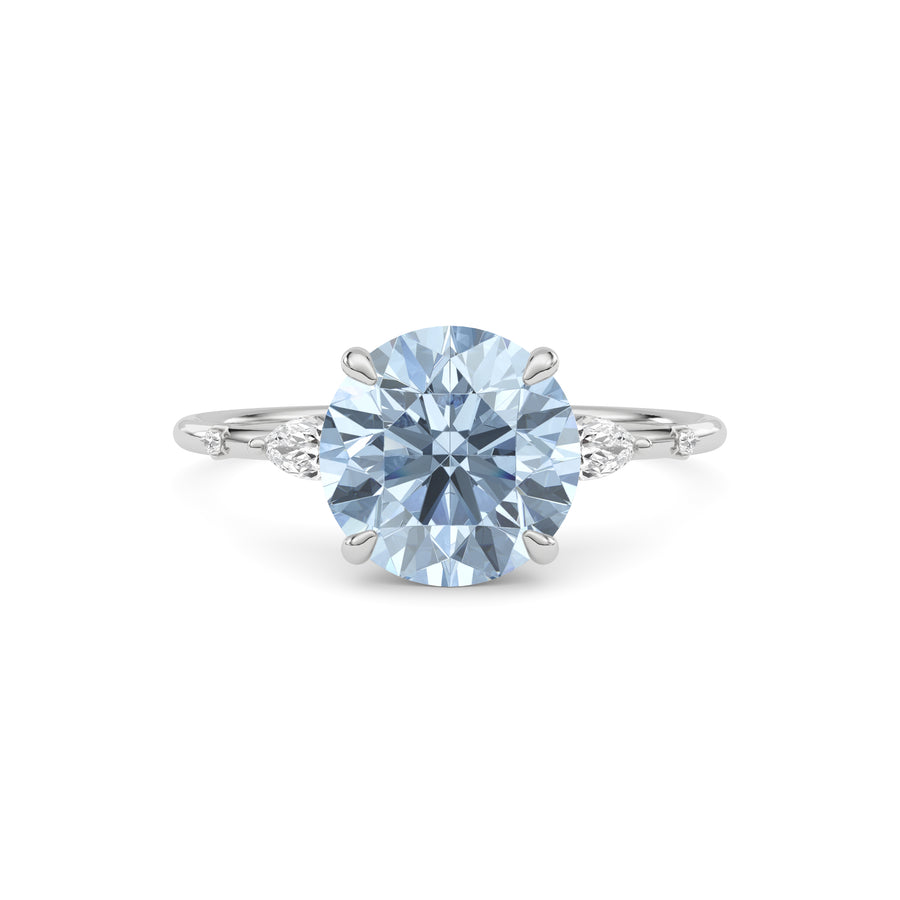 Silver Fancy Blue Round Cut Diamond Marquise Side Stone Engagement Ring