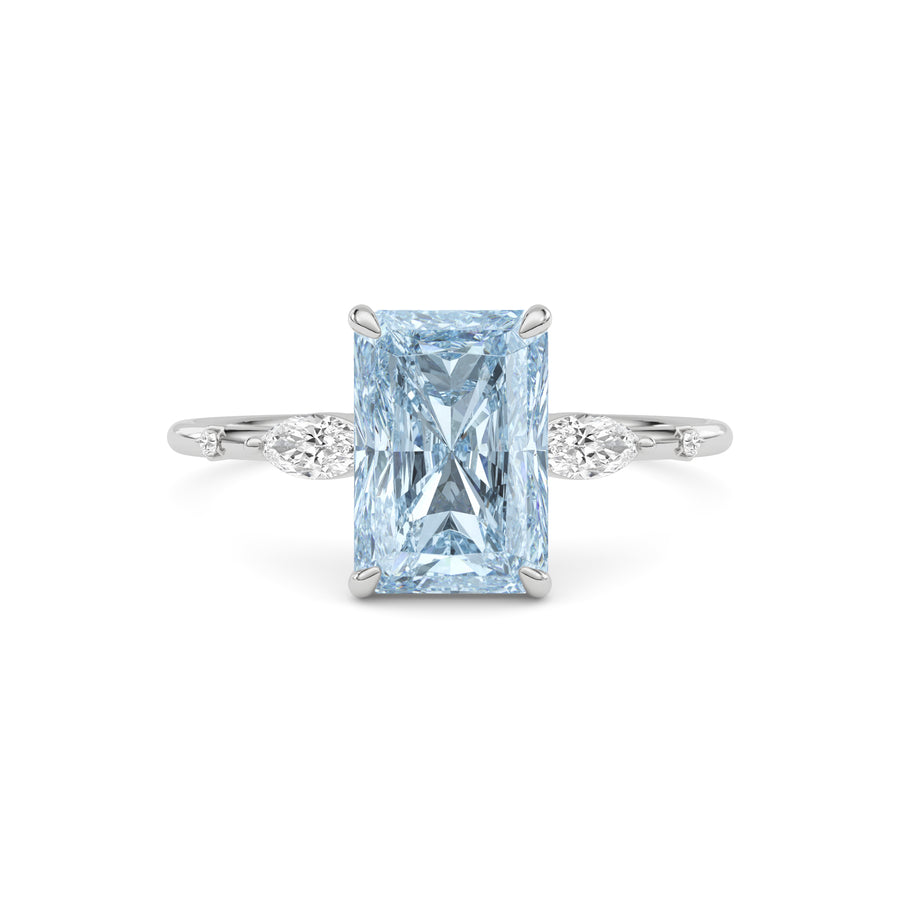 Silver Fancy Blue Radiant Cut Diamond Marquise Side Stone Engagement Ring