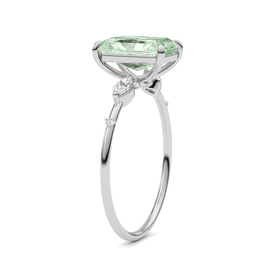 Silver Fancy Green Radiant Cut Diamond Marquise Side Stone Engagement Ring