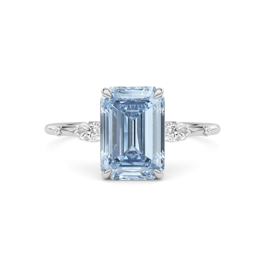 Silver Fancy Blue Emerald Cut Diamond Marquise Side Stone Engagement Ring