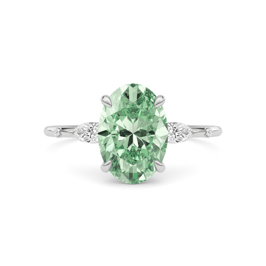 Platinum Fancy Green Oval Cut Diamond Marquise Side Stone Engagement Ring