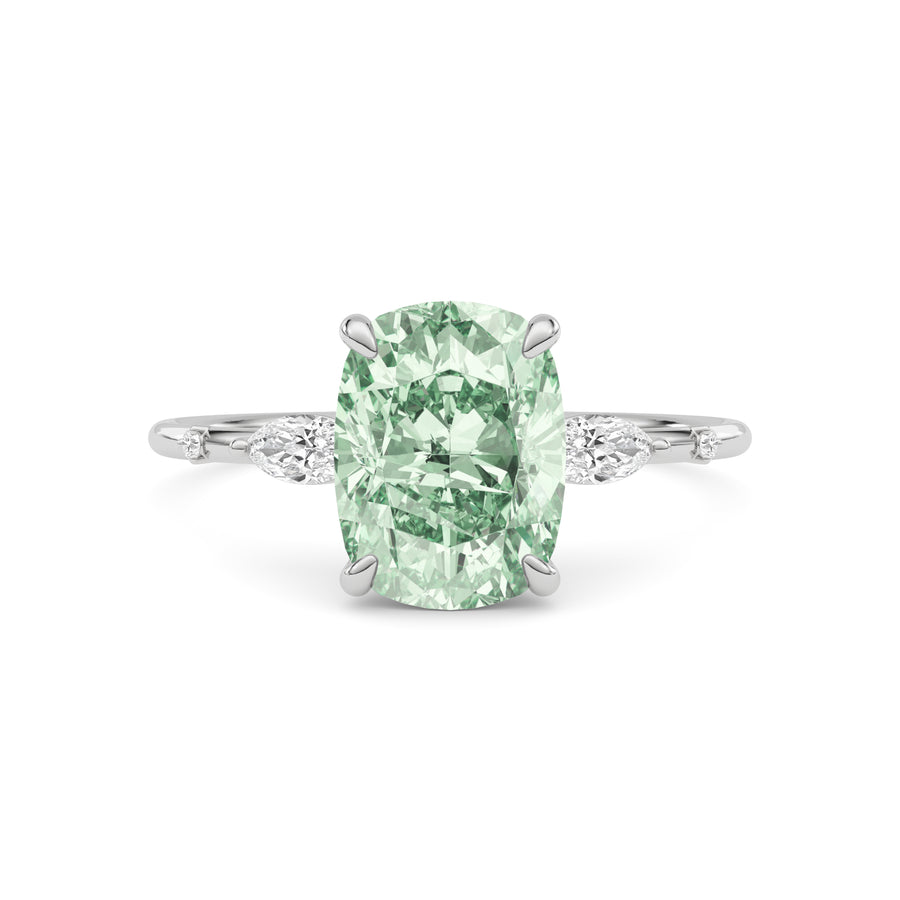 Platinum Fancy Green Cushion Cut Diamond Marquise Side Stone Engagement Ring