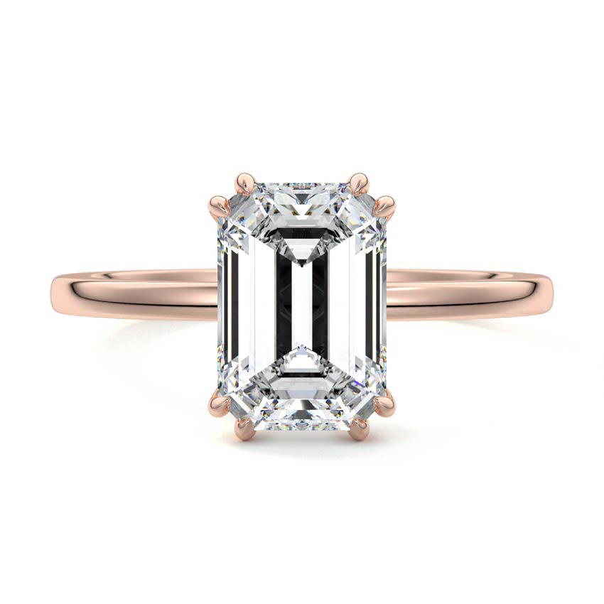 Rose gold Emerald Diamond Solitaire Engagement Ring with Hidden Halo and Prong Setting