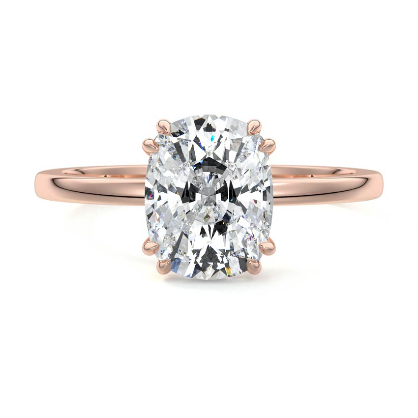 Rose gold Cushion Diamond Solitaire Engagement Ring with Hidden Halo and Prong Setting