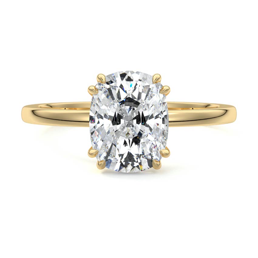 Yellow gold Cushion Diamond Solitaire Engagement Ring with Hidden Halo and Prong Setting