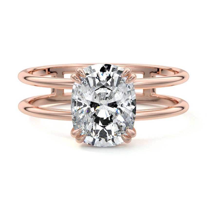 Rose gold Cushion Diamond Solitaire Engagement Ring with Double Band and Open Gallery Prong Setting