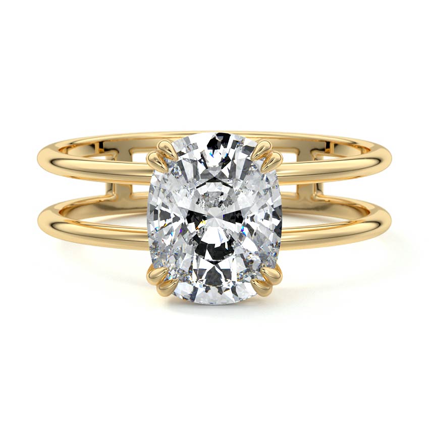 Yellow gold Cushion Diamond Solitaire Engagement Ring with Double Band and Open Gallery Prong Setting