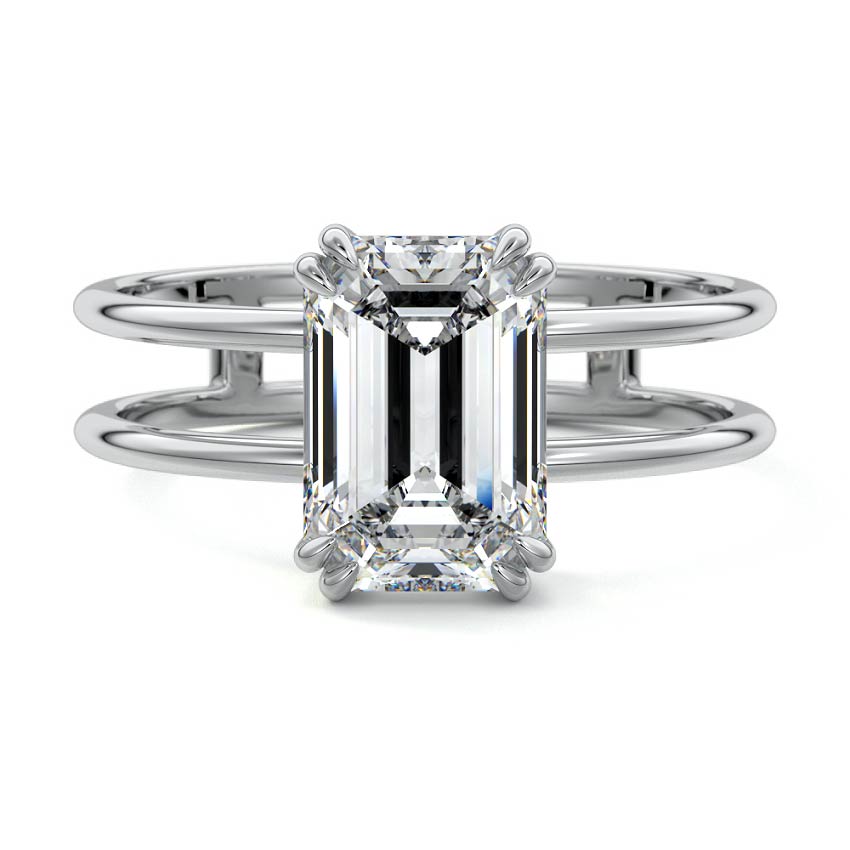 White gold Emerald Diamond Solitaire Engagement Ring with Double Band and Open Gallery Prong Setting
