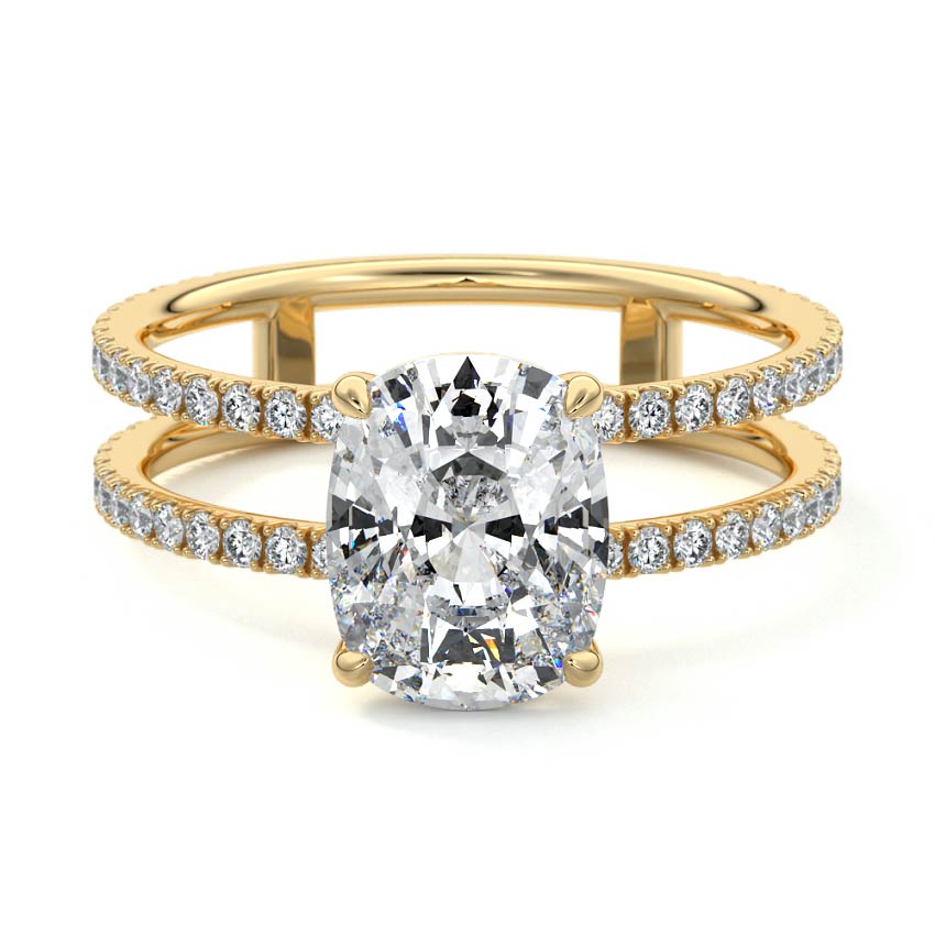 Yellow gold Cushion Diamond Engagement Ring with Hidden Halo and Double Pave Split Shank