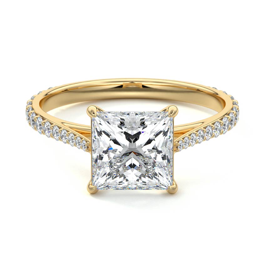 Yellow gold Princess Diamond Engagement Ring with Cathedral Setting and Pave Shoulder Accents