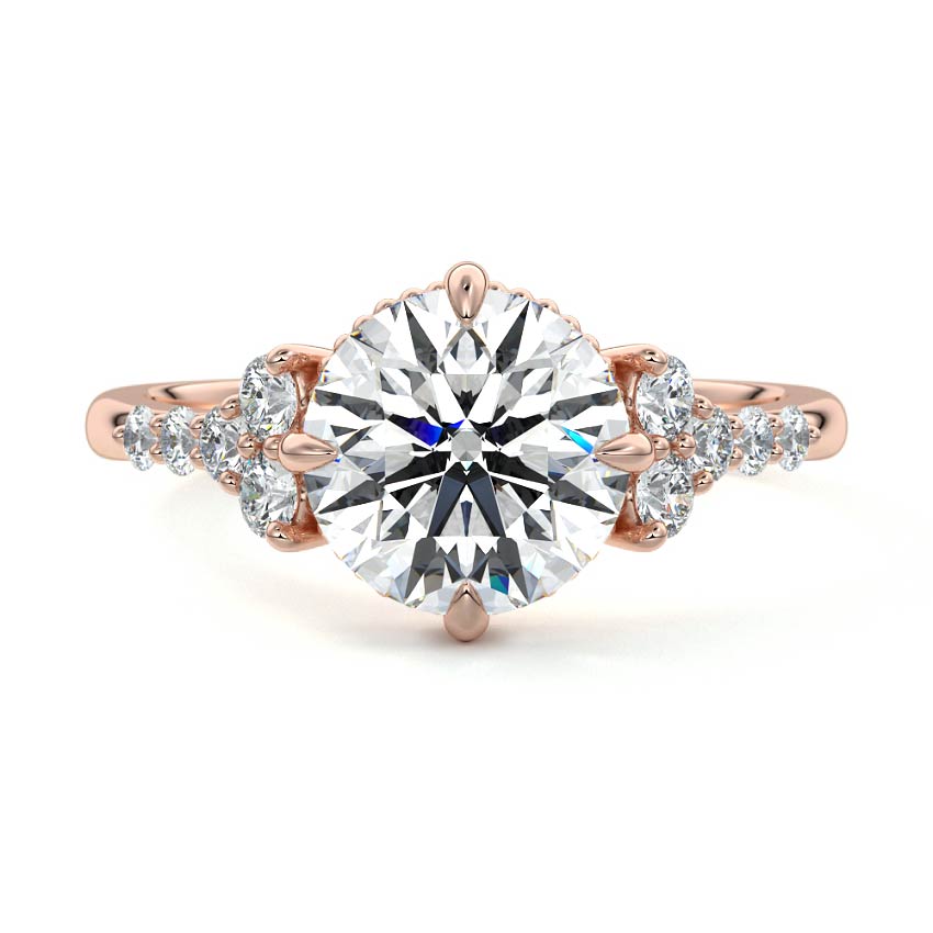 Rose gold Round Diamond Side Stone Engagement Ring with Cluster Accents