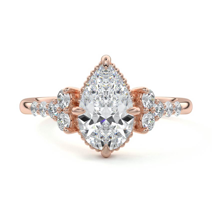 Rose gold Pear Diamond Side Stone Engagement Ring with Cluster Accents