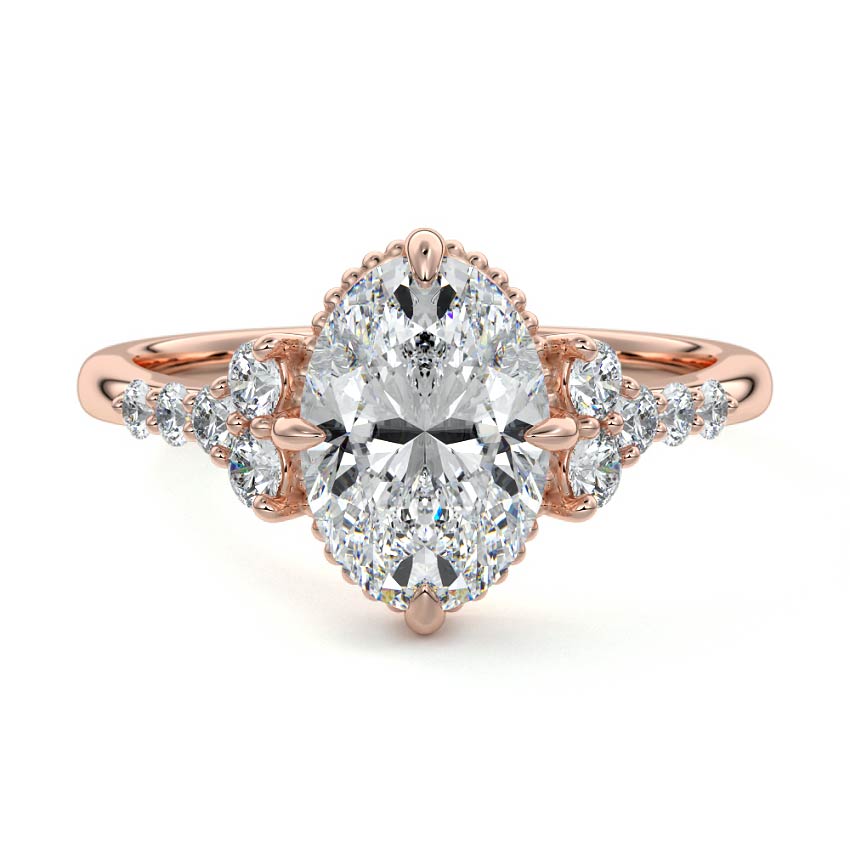 Rose gold Oval Diamond Side Stone Engagement Ring with Cluster Accents