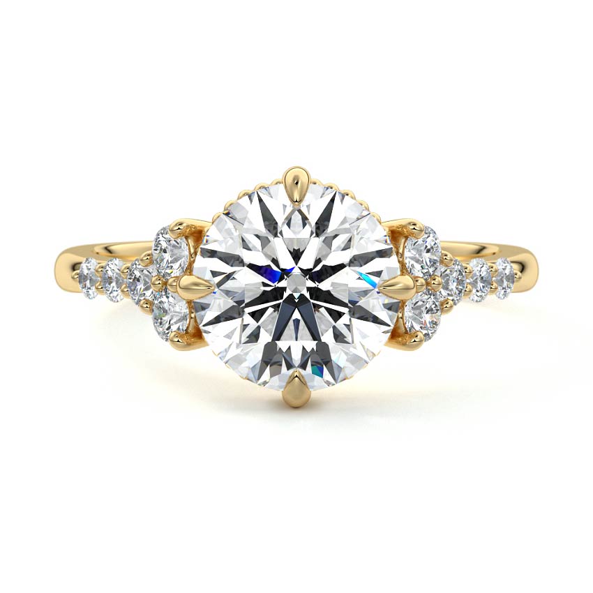Yellow gold Round Diamond Side Stone Engagement Ring with Cluster Accents