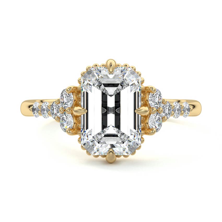 Yellow gold Emerald Diamond Side Stone Engagement Ring with Cluster Accents