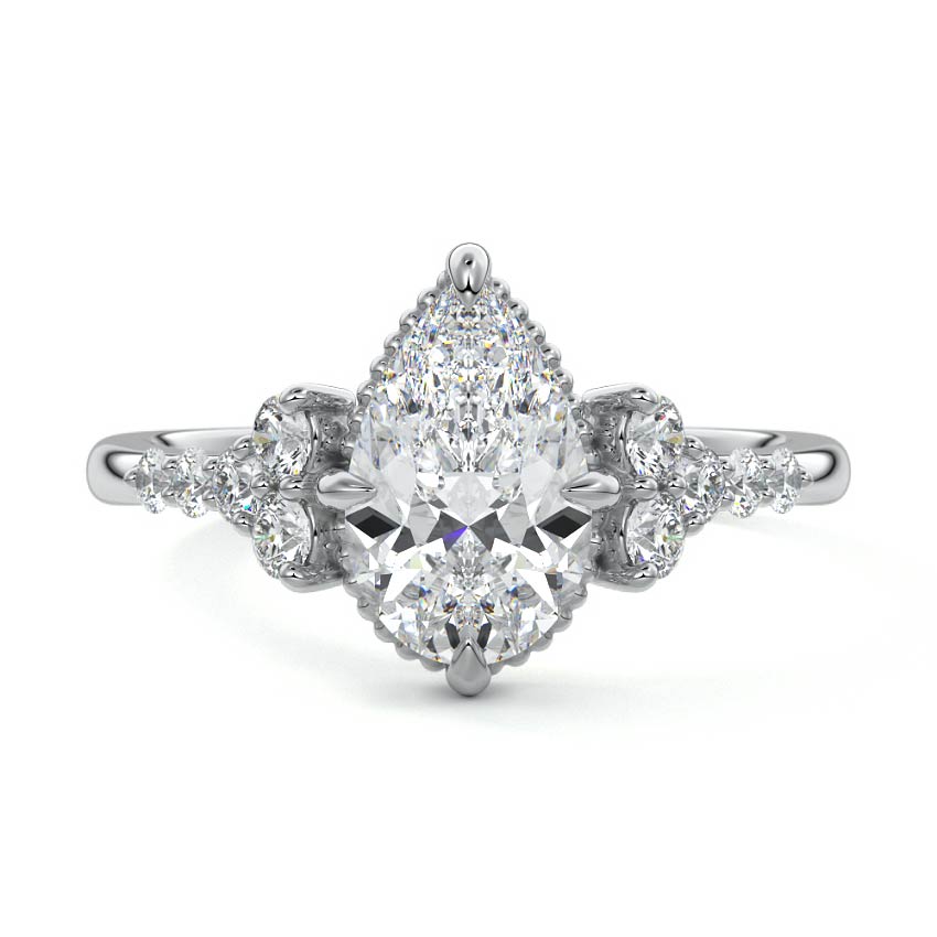 Platinum Pear Diamond Side Stone Engagement Ring with Cluster Accents