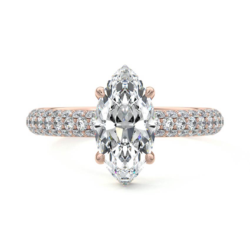 Rose gold Marquise Diamond Hidden Halo Engagement Ring with Pavé Band and Prong Setting