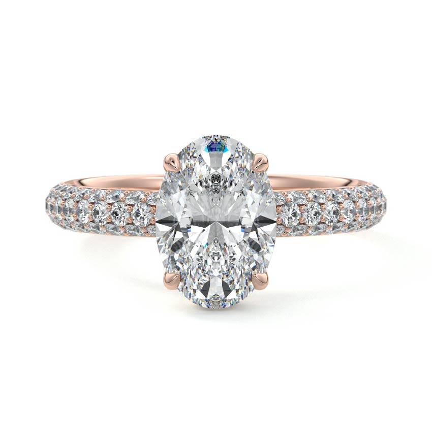Rose gold Oval Diamond Hidden Halo Engagement Ring with Pavé Band and Prong Setting