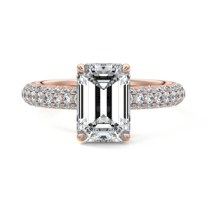 Rose gold Emerald Diamond Hidden Halo Engagement Ring with Pavé Band and Prong Setting