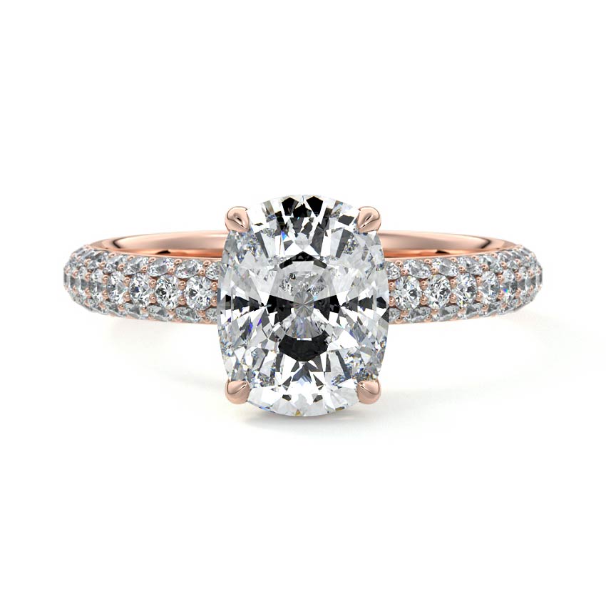 Rose gold Cushion Diamond Hidden Halo Engagement Ring with Pavé Band and Prong Setting
