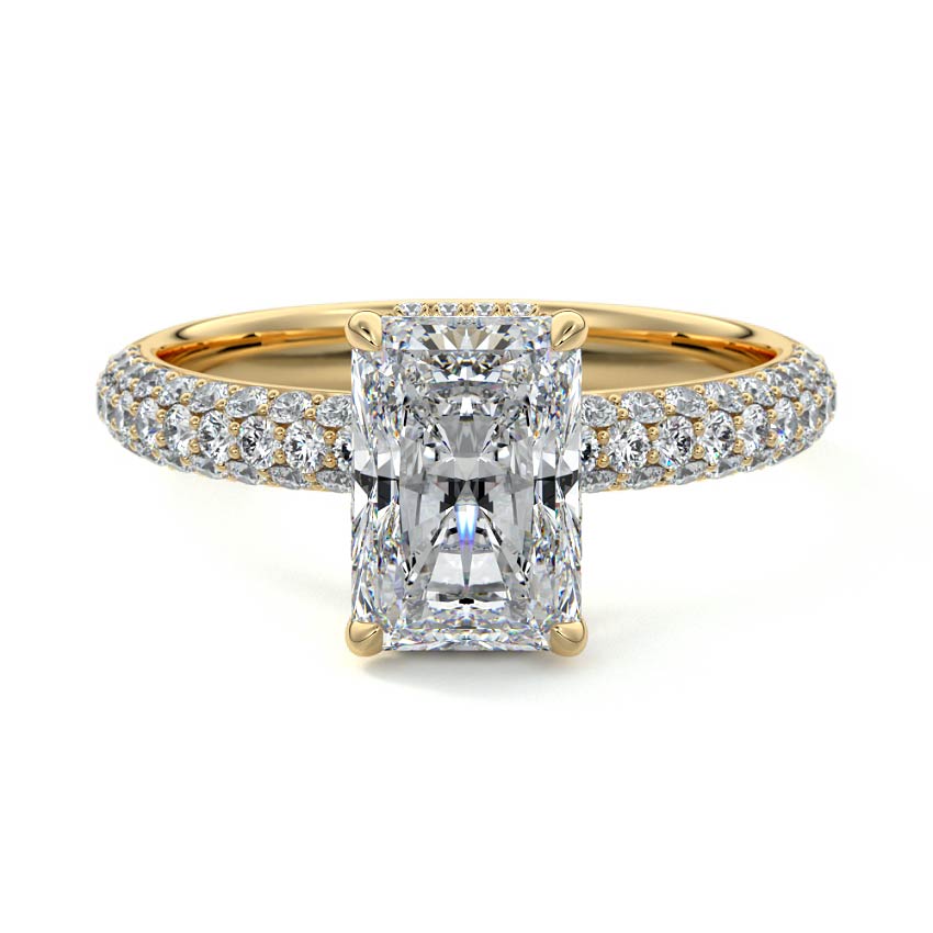 Yellow gold Radiant Diamond Hidden Halo Engagement Ring with Pavé Band and Prong Setting
