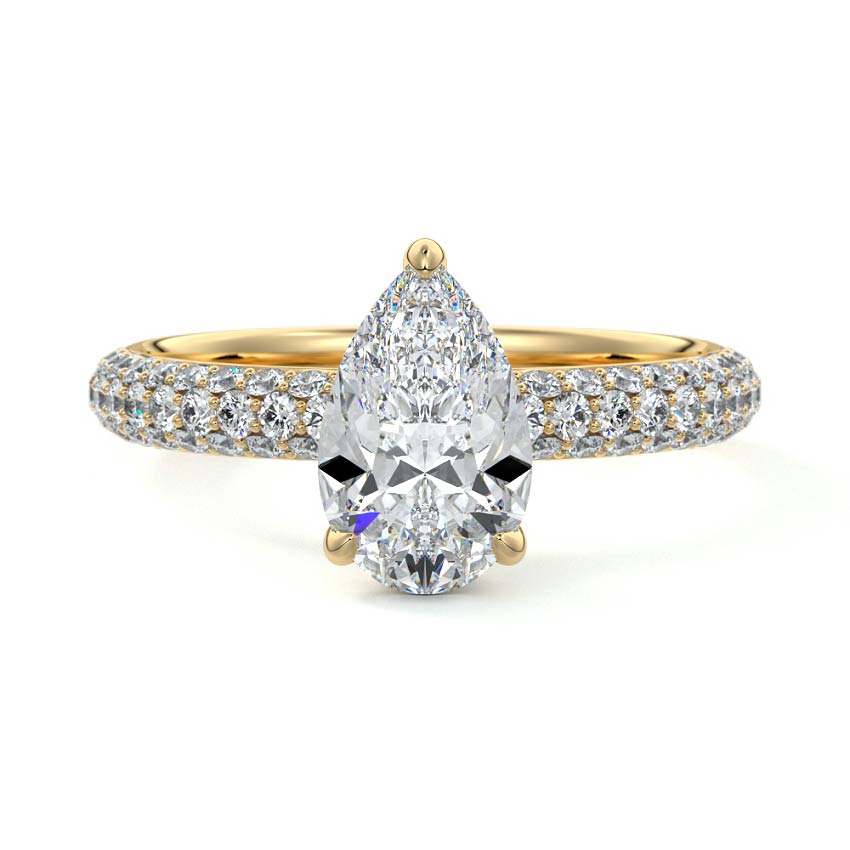Yellow gold Pear Diamond Hidden Halo Engagement Ring with Pavé Band and Prong Setting