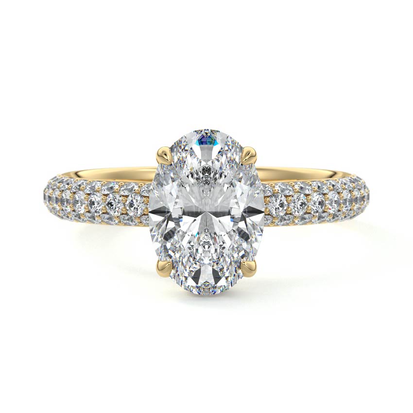 Yellow gold Oval Diamond Hidden Halo Engagement Ring with Pavé Band and Prong Setting