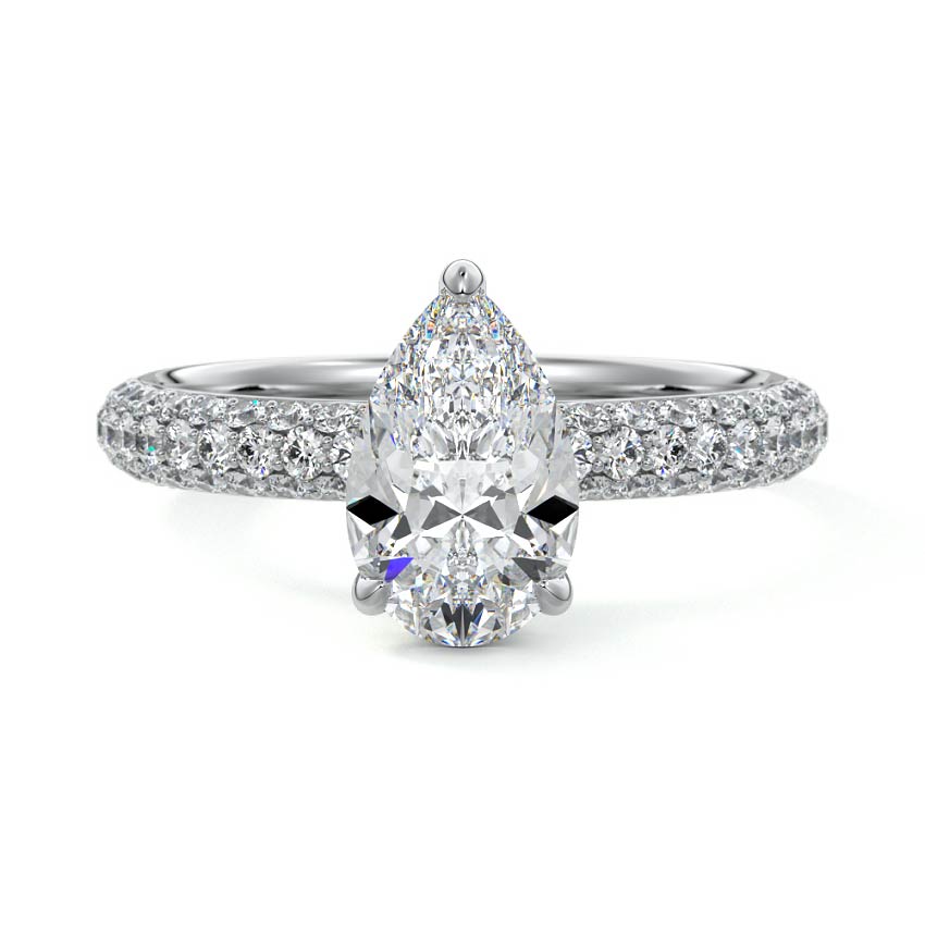 Platinum Pear Diamond Hidden Halo Engagement Ring with Pavé Band and Prong Setting