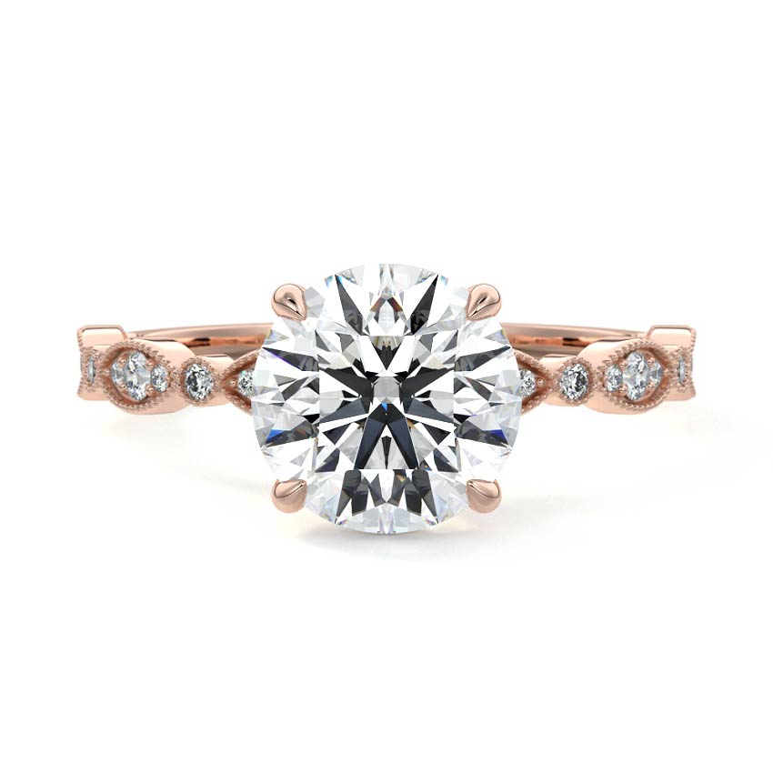 Rose gold Round Diamond Side Stone Engagement Ring with Milgrain Marquise and Round Accents