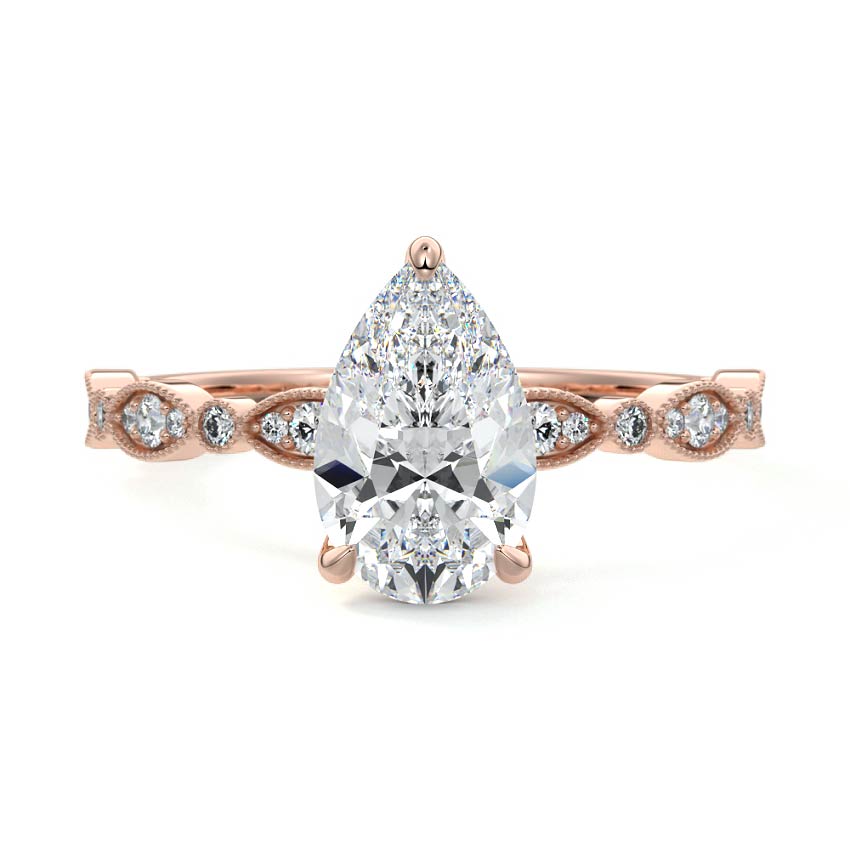 Rose gold Pear Diamond Side Stone Engagement Ring with Milgrain Marquise and Round Accents