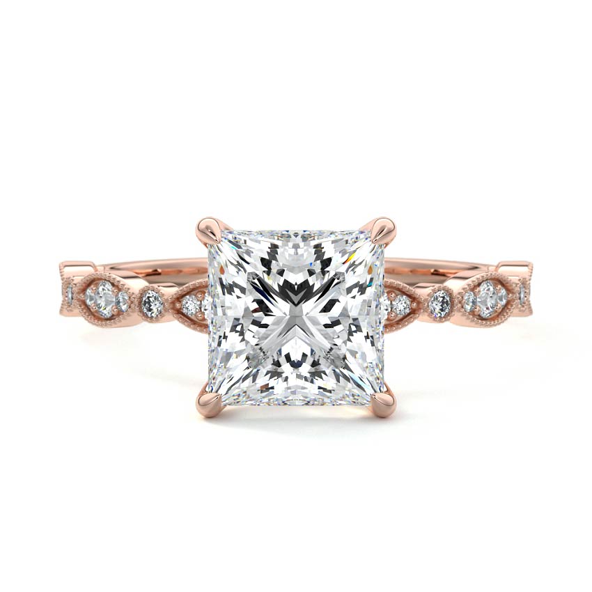Rose gold Princess Diamond Side Stone Engagement Ring with Milgrain Marquise and Round Accents