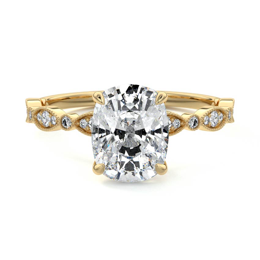 Yellow gold Cushion Diamond Side Stone Engagement Ring with Milgrain Marquise and Round Accents
