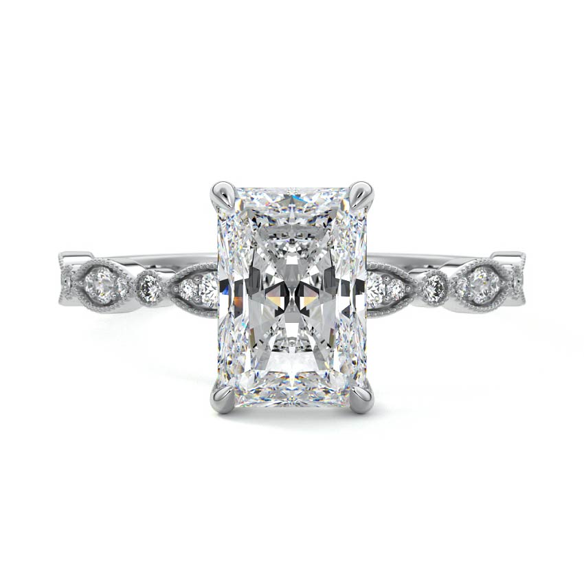 Silver Radiant Diamond Side Stone Engagement Ring with Milgrain Marquise and Round Accents