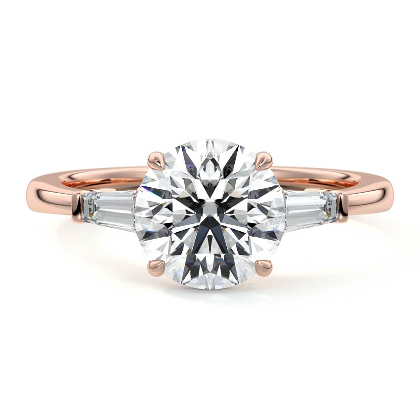 Rose gold Three-Stone Round Diamond Ring with Tapered Baguette Side Stones