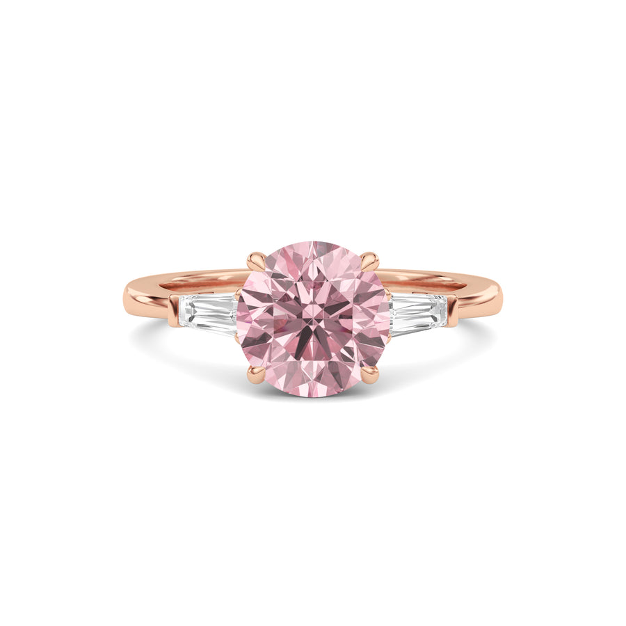 Rose gold Three-Stone Fancy Pink Round Cut Diamond Ring with Tapered Baguette Side Stones
