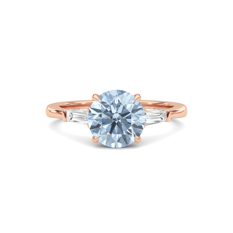 Rose gold Three-Stone Fancy Blue Round Cut Diamond Ring with Tapered Baguette Side Stones