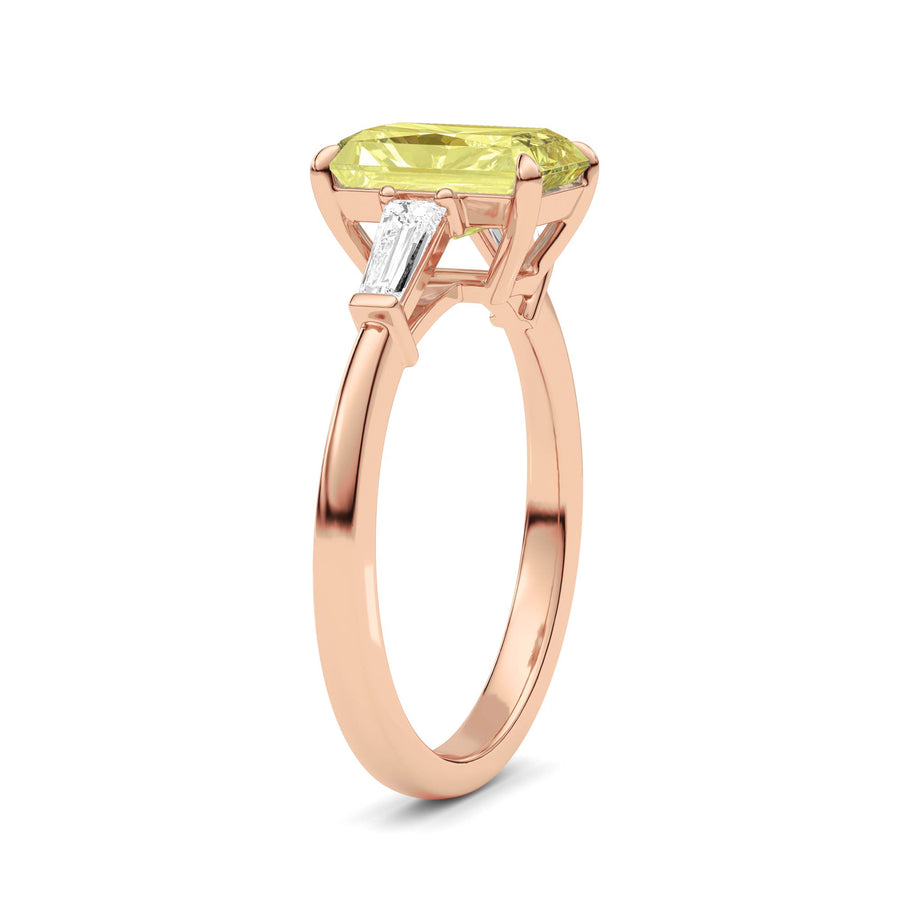 Rose gold Three-Stone Fancy Yellow Radiant Cut Diamond Ring with Tapered Baguette Side Stones