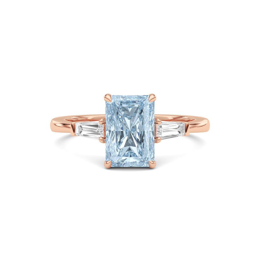 Rose gold Three-Stone Fancy Blue Radiant Cut Diamond Ring with Tapered Baguette Side Stones