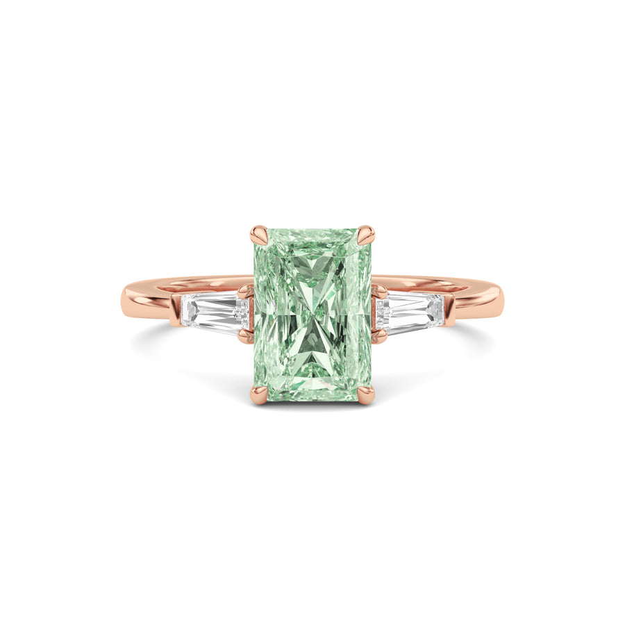 Rose gold Three-Stone Fancy Green Radiant Cut Diamond Ring with Tapered Baguette Side Stones