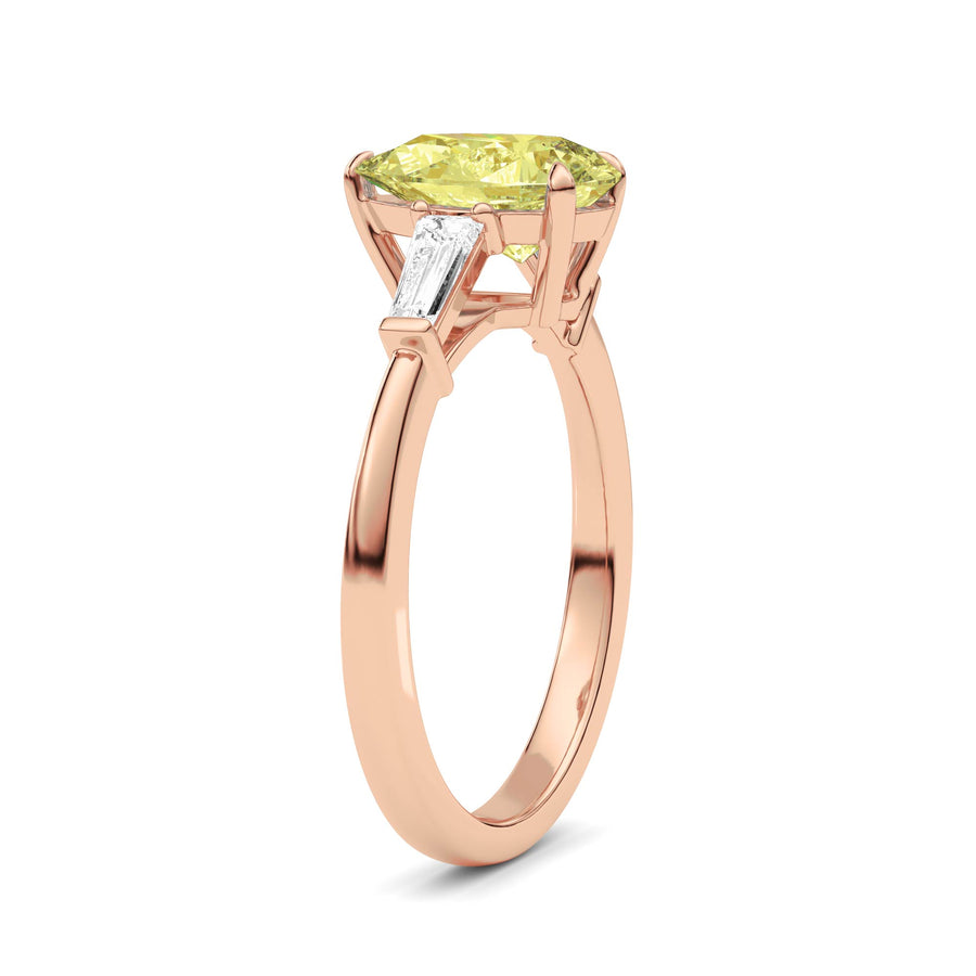 Rose gold Three-Stone Fancy Yellow Pear Cut Diamond Ring with Tapered Baguette Side Stones