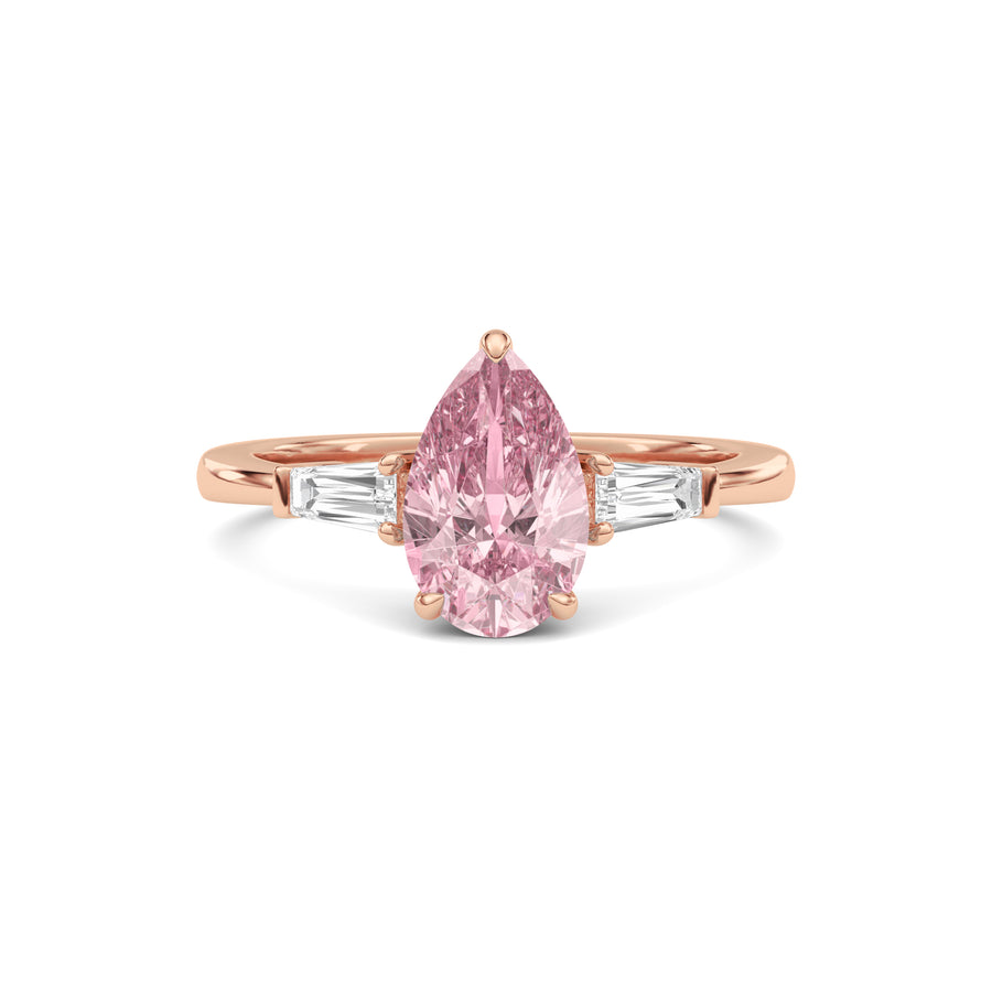 Rose gold Three-Stone Fancy Pink Pear Cut Diamond Ring with Tapered Baguette Side Stones