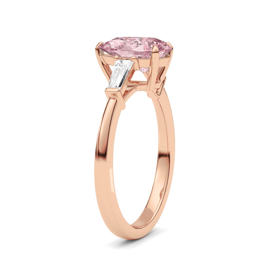 Rose gold Three-Stone Fancy Pink Pear Cut Diamond Ring with Tapered Baguette Side Stones